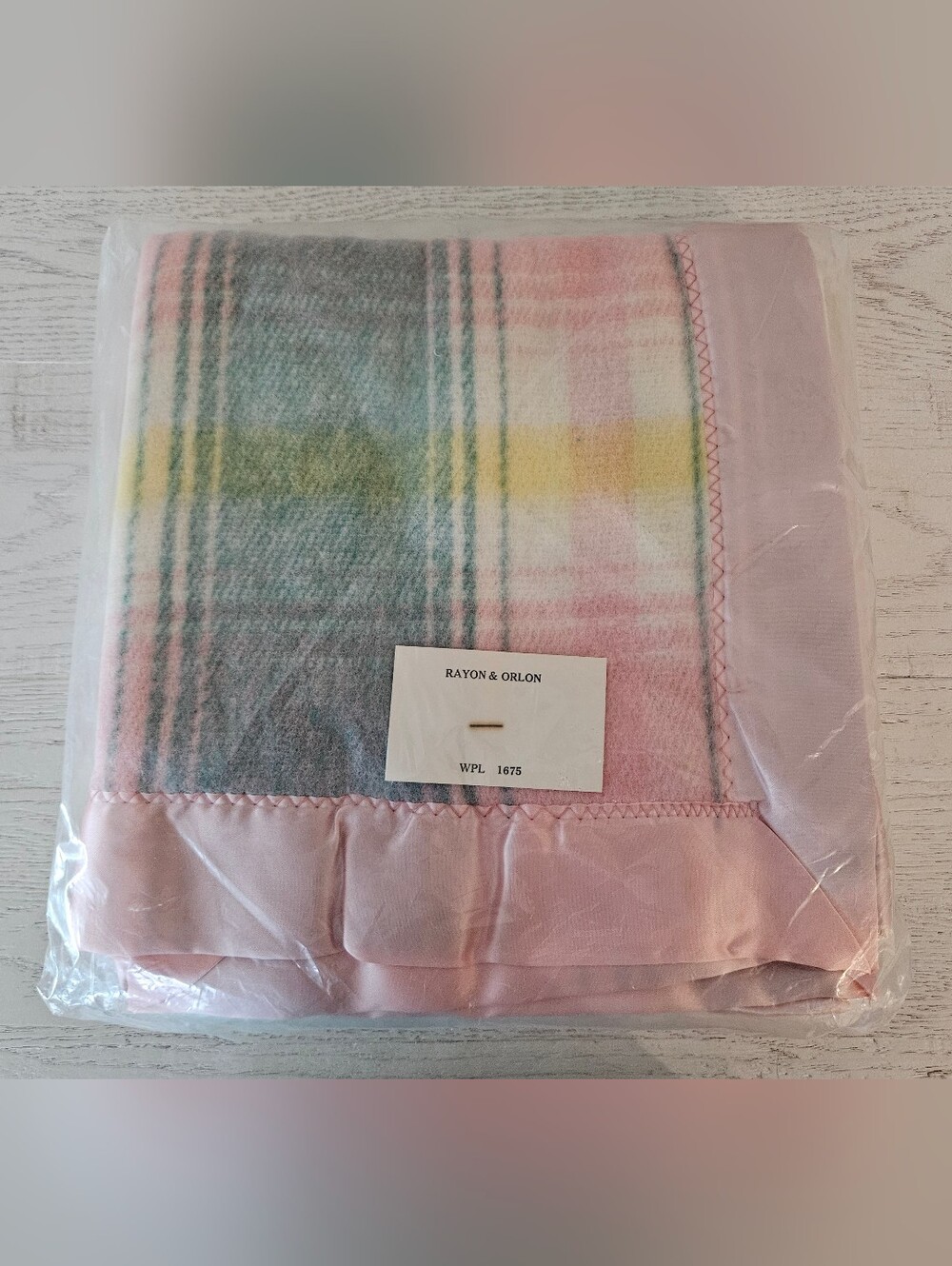 Vintage Beacon Acrylic Pastel Plaid Baby Blanket Pink Nylon Trim 35"x40" NOS